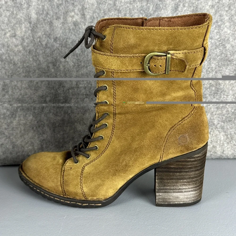BORN Boots Women's 10 M Brown Cass Suede Block Heel Lace Up & Zip Buckle F34826